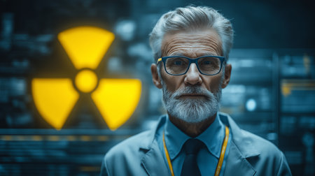 Portrait of senior doctor with radiation sign in background at nuclear power plantの素材