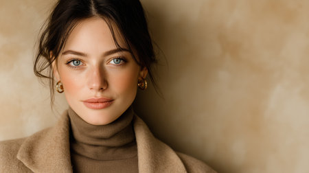 Portrait of a beautiful girl in a beige coat on a beige backgroundの素材