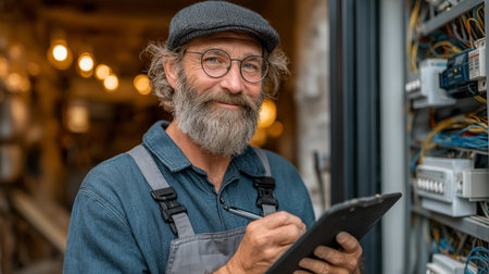 A cheerful electrician in a cap and glasses holds a clipboard, ready to assist with electrical tasks in a warm, inviting setting.の素材