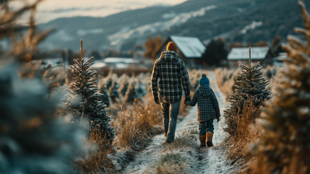 A heartwarming scene of a parent and child walking hand-in-hand through a snowy tree farm, capturing the essence of winter joy.の素材