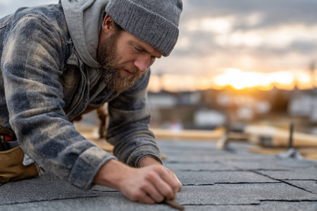A skilled roofer meticulously laying shingles at dusk, showcasing craftsmanship against a beautiful sunset backdrop.の素材