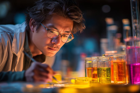 A focused scientist analyzes vibrant liquids in a lab, showcasing the beauty of chemistry and innovation.の素材