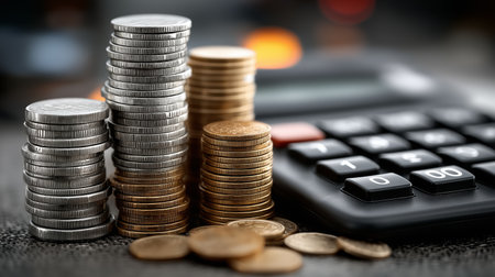 A close-up of stacked coins alongside a calculator, symbolizing budgeting, savings, and financial planning.の素材