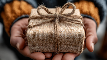 A beautifully wrapped gift held in hands, showcasing rustic charm and thoughtful presentation for any occasion.の素材