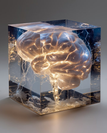 A mesmerizing representation of a brain encased in a transparent cube, glowing with intricate light patterns.の素材