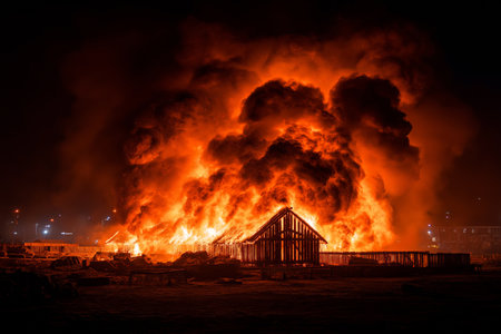 A dramatic scene of a building engulfed in flames, illuminating the night sky with fiery colors.の素材