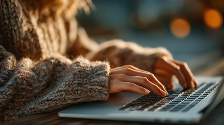 A close-up of hands typing on a laptop, capturing the warmth of creativity in a cozy setting.の素材