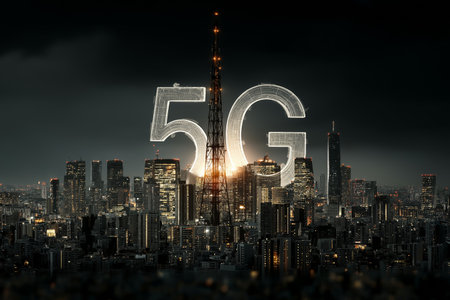 A stunning city skyline featuring a prominent 5G tower, symbolizing technological advancement and urban connectivity.の素材