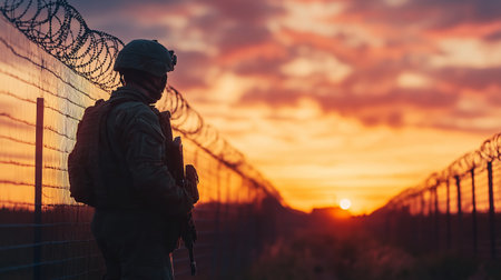 A solitary soldier stands guard by a barbed wire fence at sunset, symbolizing bravery and vigilance.の素材