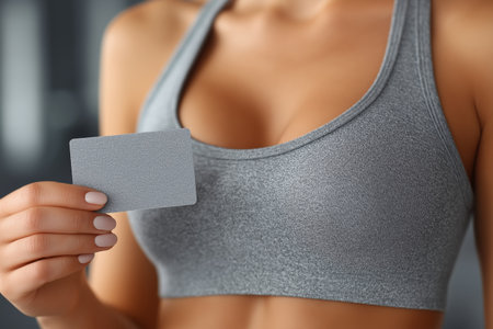 A close-up of a woman in a gray sports bra holding a fitness card, symbolizing health and motivation.の素材