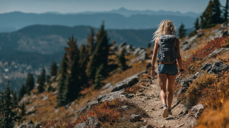 A hiker enjoys the stunning mountain views on a scenic trail, surrounded by nature&#39;s beauty.の素材