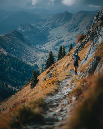 A lone hiker traverses a scenic mountain trail, surrounded by lush valleys and dramatic peaks, embodying the spirit of adventure.の素材