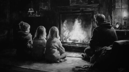 A serene black-and-white scene of children and a man enjoying a warm fire, evoking nostalgia and warmth.の素材