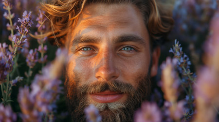A bearded man with piercing blue eyes lies among blooming lavender, basking in the golden sunlight.の素材