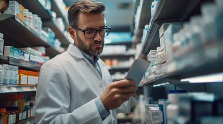 A bearded pharmacist in glasses reviews a medication bottle in a well-organized pharmacy aisle filled with various products.の素材