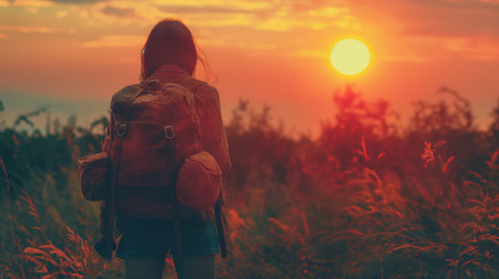 A backpacker gazes at the vibrant sunset, casting an orange glow over the grassy landscape.の素材