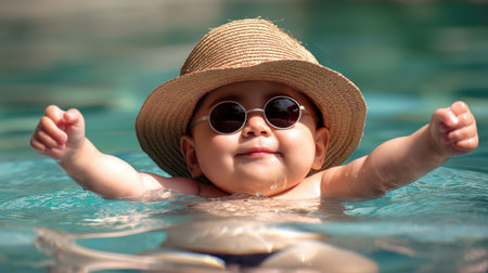 A baby floats effortlessly in a pool, sporting trendy sunglasses and a wide-brimmed hat, embodying summertime chic.の素材