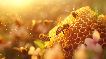 A bee gently explores the vibrant honeycomb, bathed in a golden glow from the sunlight.の素材