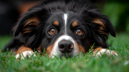 A Bernese Mountain Dog lies in lush grass, its soulful eyes reflecting a calm demeanor and deep loyalty.の素材