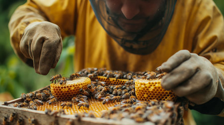 A beekeeper delicately handles honeycombs, buzzing with life, amid a lush gardenの素材