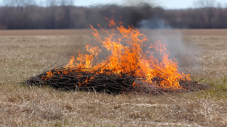 A bonfire crackles in the open field, sending sparks and warmth into the cool air.の素材