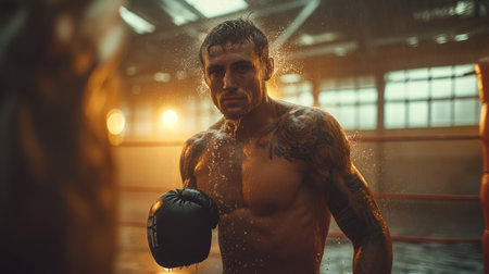 A boxer, drenched in sweat, punches with fierce determination, his tattoos glistening under the gym lights.の素材