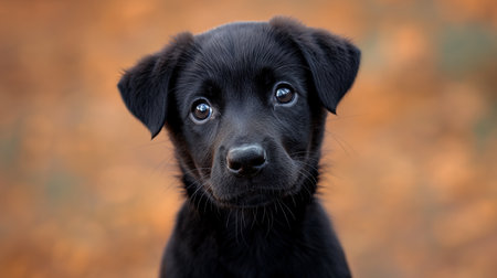 A black puppy with soulful eyes, standing against a backdrop of soft, autumnal colors, embodying the essence of playful curiosity and charm.の素材