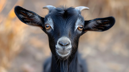A black Nubian goat looks directly at the camera with soulful eyes, capturing the essence of pastoral life.の素材
