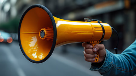 A bright yellow megaphone amplifies a powerful message on a busy street.の素材