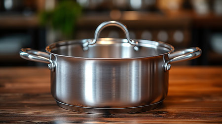 A brushed stainless steel pot shines on a wooden table, reflecting a blend of functionality and aesthetics.の素材