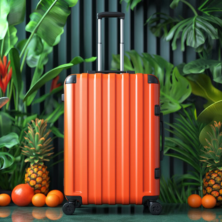 A bright orange suitcase stands ready for travel, surrounded by lush tropical plants and fruits, creating a vibrant and exotic scene.の素材