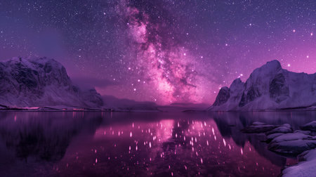 A breathtaking purple Milky Way arches over a snowy landscape, reflecting its stellar glow in the tranquil waters below.の素材