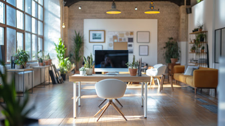Modern office interior. Workplace with computer, coffee and plants.の素材