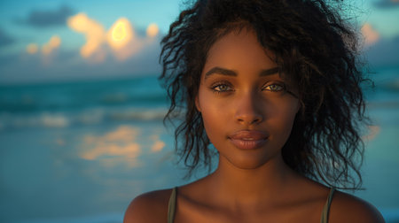 A captivating portrait of an African American woman with deep, soulful eyes at dusk by the sea.の素材