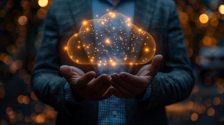 A businessman holds a luminous cloud in his hands, symbolizing powerful cloud computing capabilities that connect the digital world.の素材