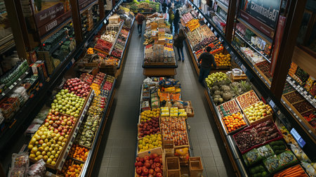 A bustling supermarket aisle displays a diverse and colorful selection of fresh produce, attracting shoppers with its vibrant appeal.の素材