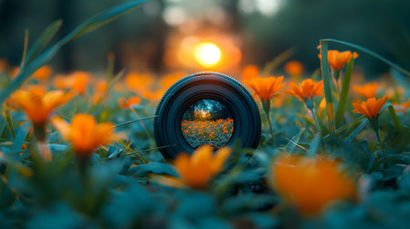 A camera lens lies nestled among vibrant orange flowers, capturing the essence of spring through its focused gaze.の素材