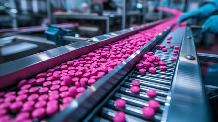 A cascade of vibrant pink pills flows seamlessly along a high-tech conveyor, showcasing the marvels of modern pharmaceutical production.の素材