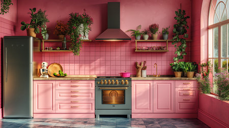 A charming pink kitchen bursts with vibrant greenery and modern appliances, radiating cozy domestic bliss.の素材