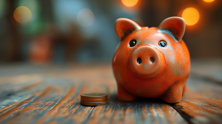 A charming orange piggy bank sits on a rustic wooden table beside a lone coin, glowing under warm light.の素材