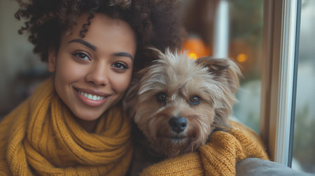 A cheerful young woman shares a tender moment with her furry friend by the window.の素材