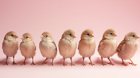 A charming row of fluffy baby birds, each with a curious expression, perched against a soft pink backdrop.の素材