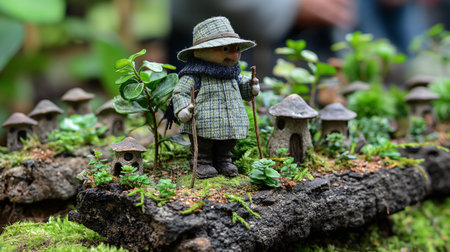 A charming gnome-like figure explores a whimsical miniature forest village, surrounded by tiny mushroom houses.の素材
