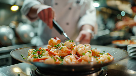 A chef masterfully cooks shrimp in a fiery pan, filling the air with enticing aromas.の素材