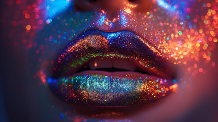 A close-up of lips coated in dazzling multicolored glitter, capturing a bold and artistic expression of beauty and creativityの素材