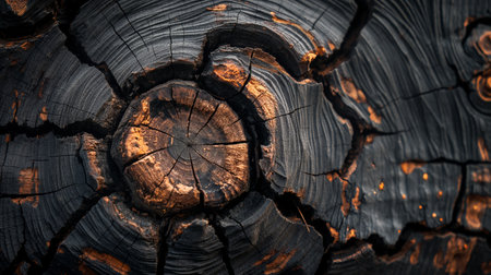 A close-up of charred wood texture reveals rich details and the beauty of natural decay.の素材