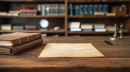A classic study desk adorned with leather-bound books and an aged manuscript, invoking scholarly pursuitsの素材