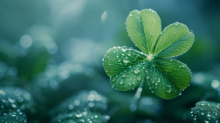 A close-up of a green four-leaf clover with dew drops, showcasing the intricate patterns of natureの素材