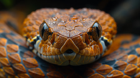 A close-up of a textured tropical brown snake coiled and camouflaged among damp forest leaves.の素材