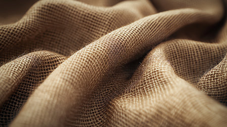 A close-up of a burlap fabric, showcasing its coarse texture and natural earthy tones.の素材